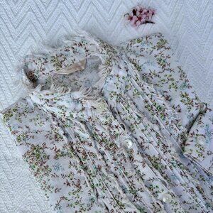 Make Much Ado M Frayed Pintuck Cotton Blouse Mori Girl Forest Print White